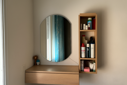 Coiffeuse Moderne avec Miroir Rond, Meuble Bas Flottant et Armoire Murale