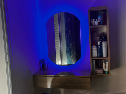 Coiffeuse Moderne avec Miroir Rond, Meuble Bas Flottant et Armoire Murale