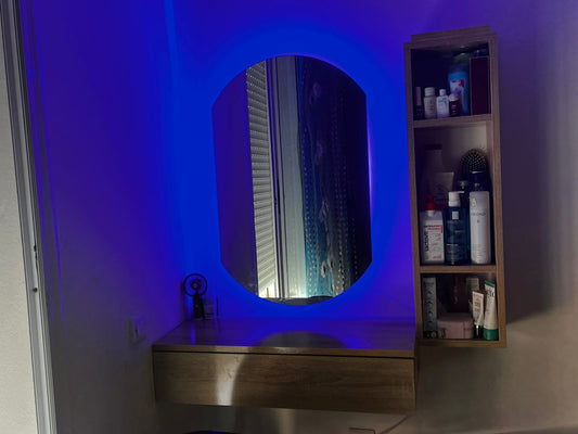 Coiffeuse Moderne avec Miroir Rond, Meuble Bas Flottant et Armoire Murale