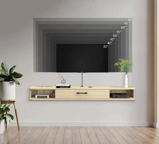 Meuble TV Mural Flottant avec Rangement et Passe-Câbles